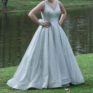 Ball gown dress with v neckline and plunging back